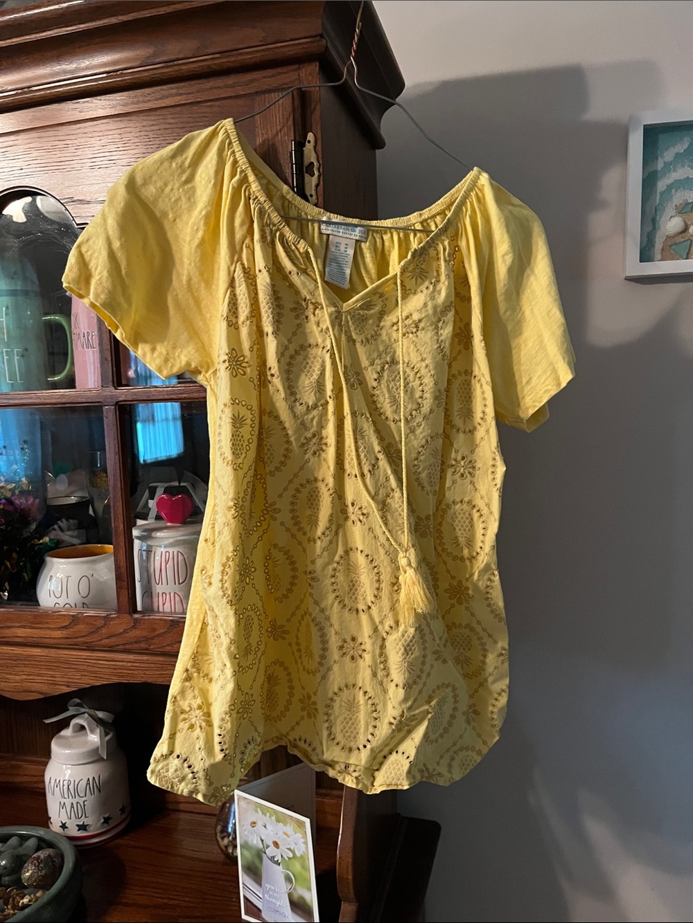 Caribbean Joe Yellow Embroidered Tassel Peasant Top